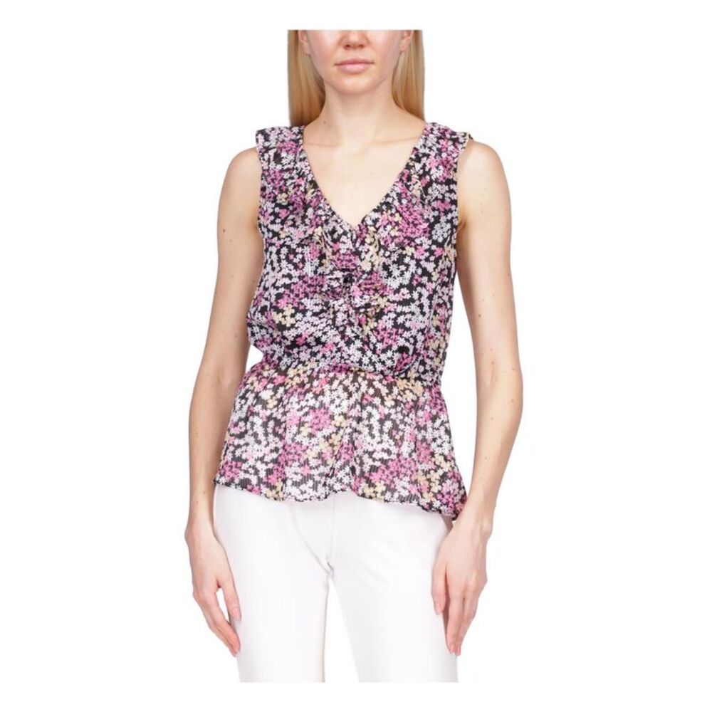 MICHAEL KORS Womens Black Ruffled Cinched Waist Sleeveless V Neck Blouse XXS